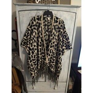 Westbound Leopard Fringed Cardigan Sweater Large Beige Boho Loganlook